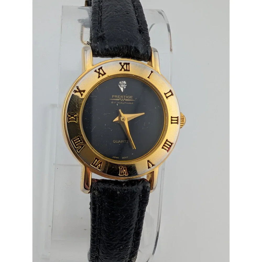 Prestige by Waltham‎ Diamond Dial 25mm Watch Black Leather Band- New Battery